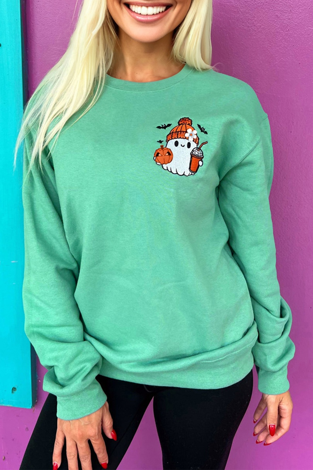 Aruba Blue Cute Halloween Ghost Embroidered Casual Sweatshirt - loveforevers