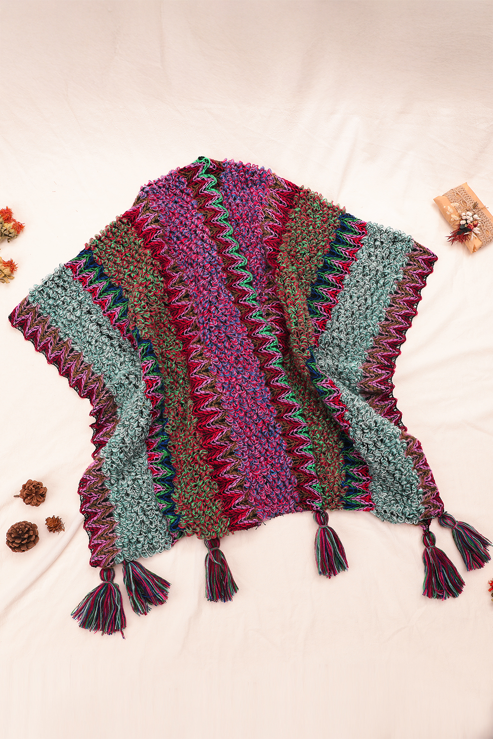 Rose Red Ethnic Knit Shawl Wrap Cape Sweater Thickened Tassel Poncho Cloak - loveforevers