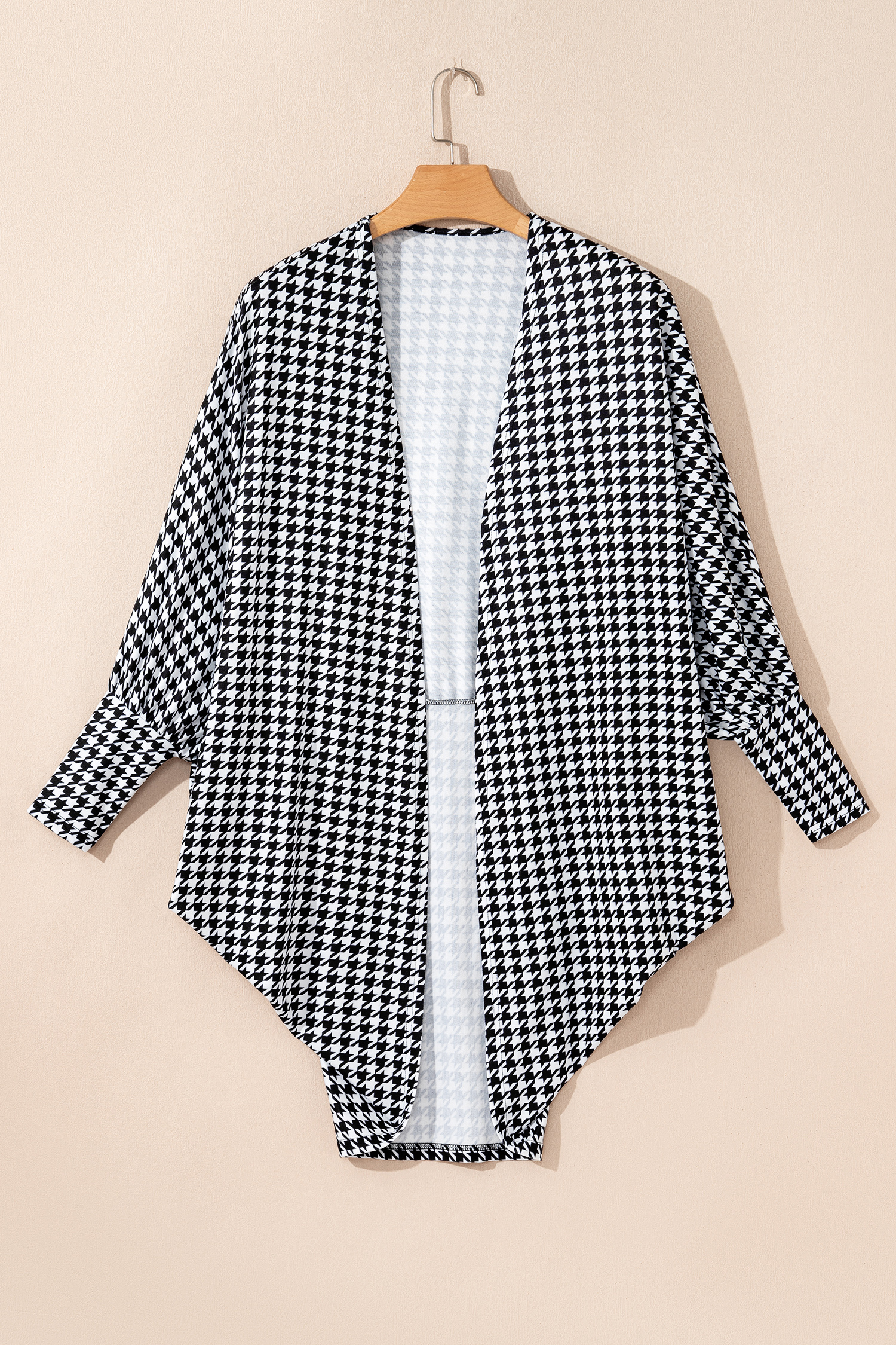 Black Houndstooth Print Open Front Long Dolman Kimonos - loveforevers
