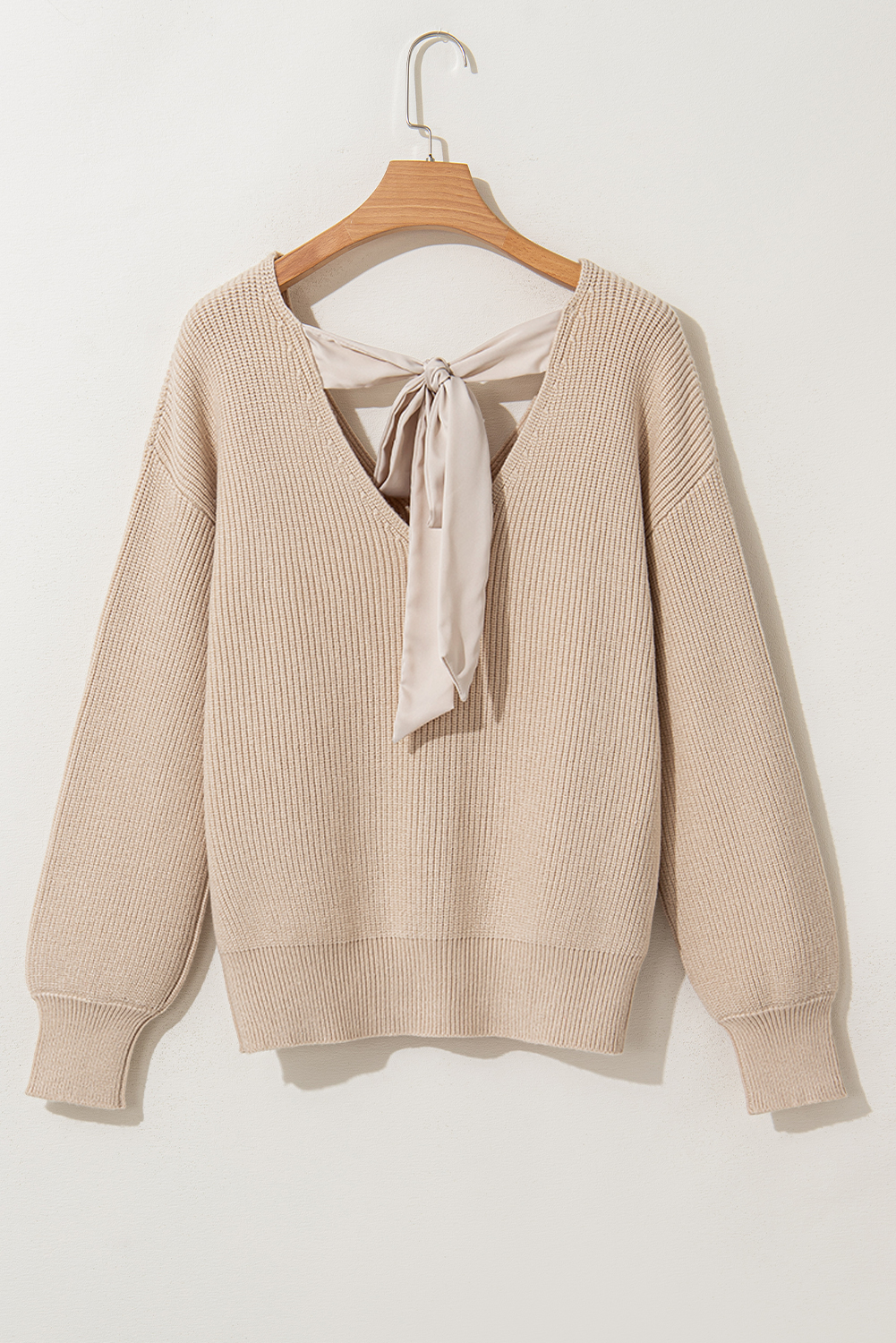 Racing Red Lantern Sleeve V Neck Knot Back Sweater - loveforevers