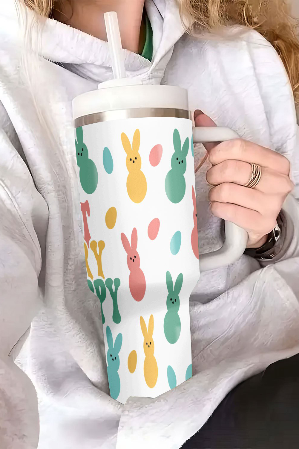 White DONT WORRY BE HOPPY Bunny Print Thermal Tumbler 40oz - loveforevers