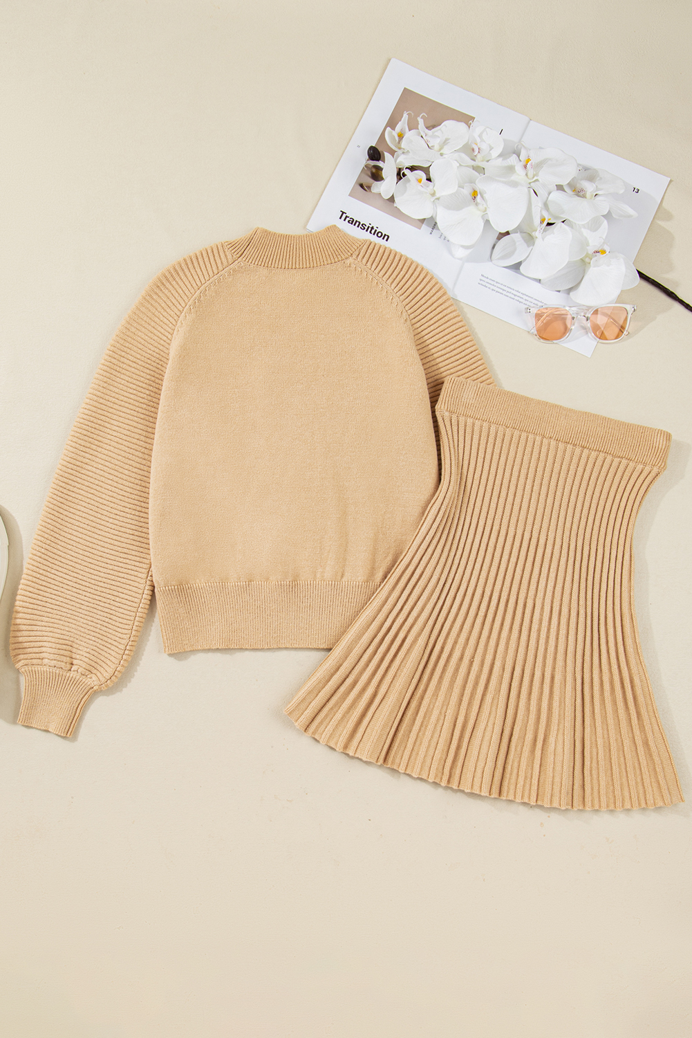 Smoke Gray High Neck Puff Sleeve Sweater Pleated Mini Skirt 2pcs Knitted Outfit - loveforevers