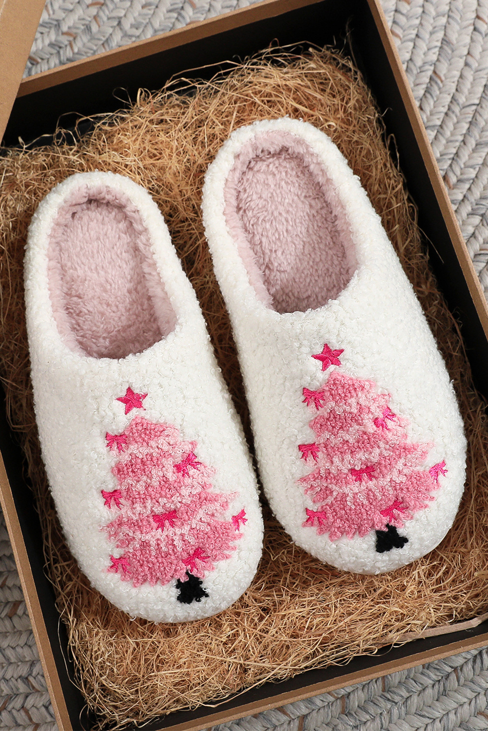 White Plush Christmas Tree Color Contrasted Liner House Slippers - loveforevers