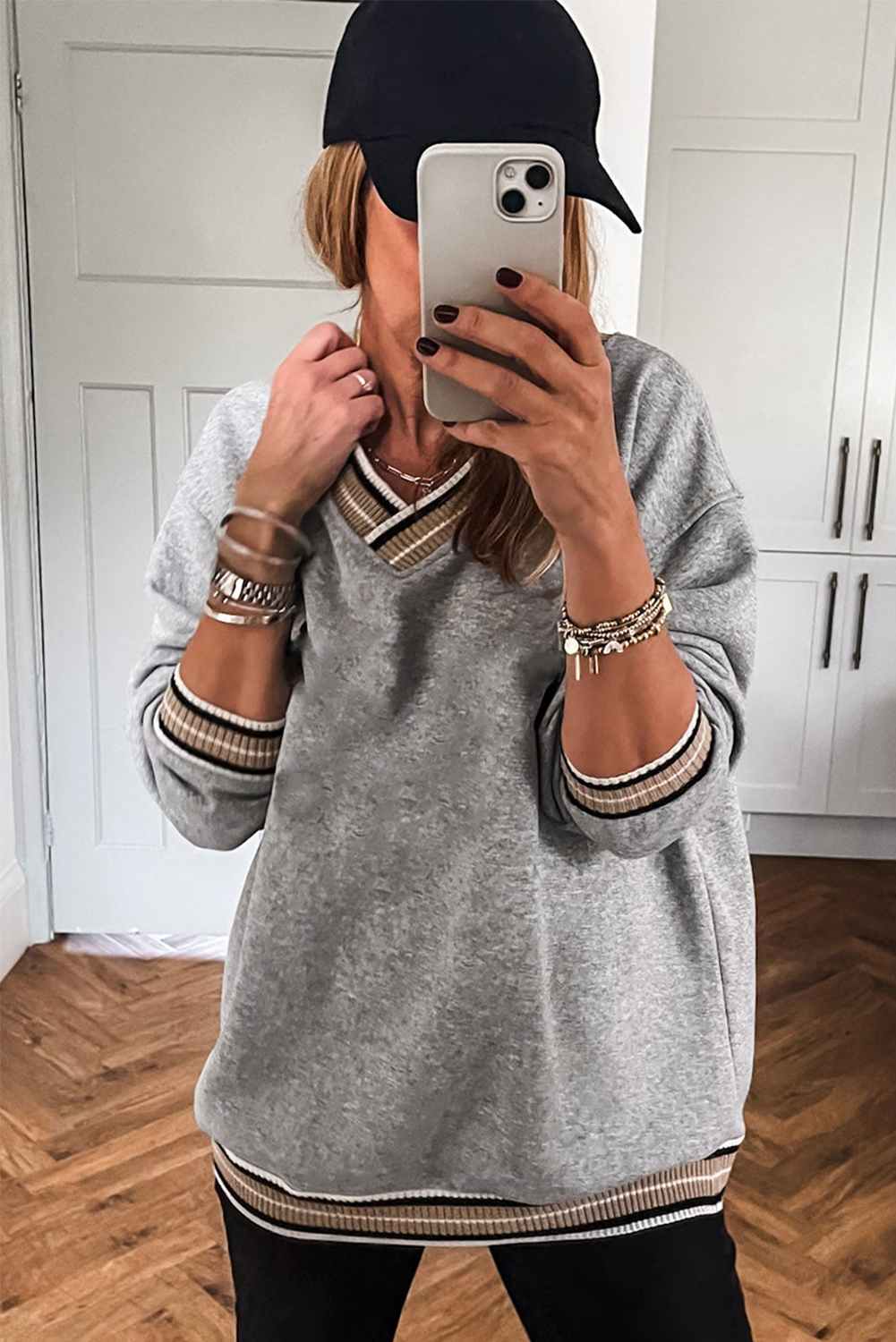 Gray Varsity Contrast Striped Trim V Neck Sweatshirt - loveforevers
