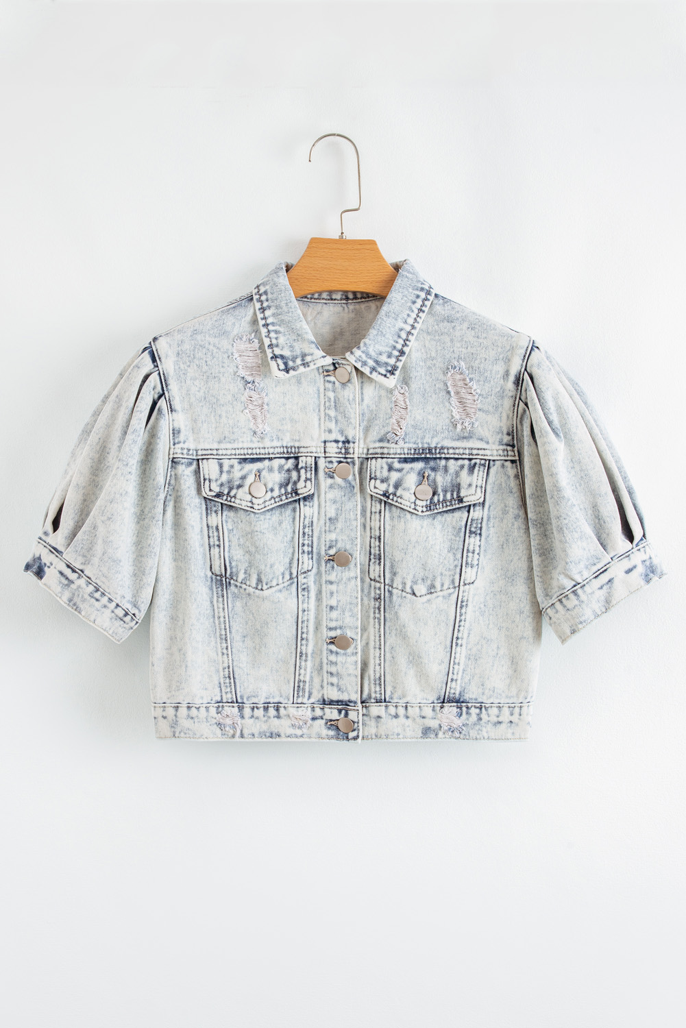 Beau Blue Light Wash Buttoned Chest Pocket Puff Sleeve Denim Jacket - loveforevers