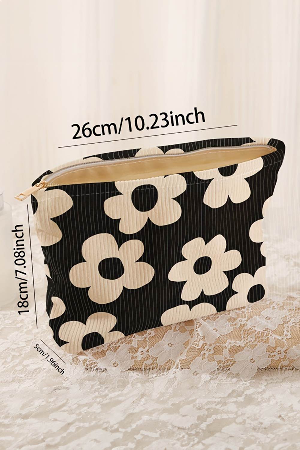 Red Flower Printed Rib Textured Cosmetic Bag - loveforevers