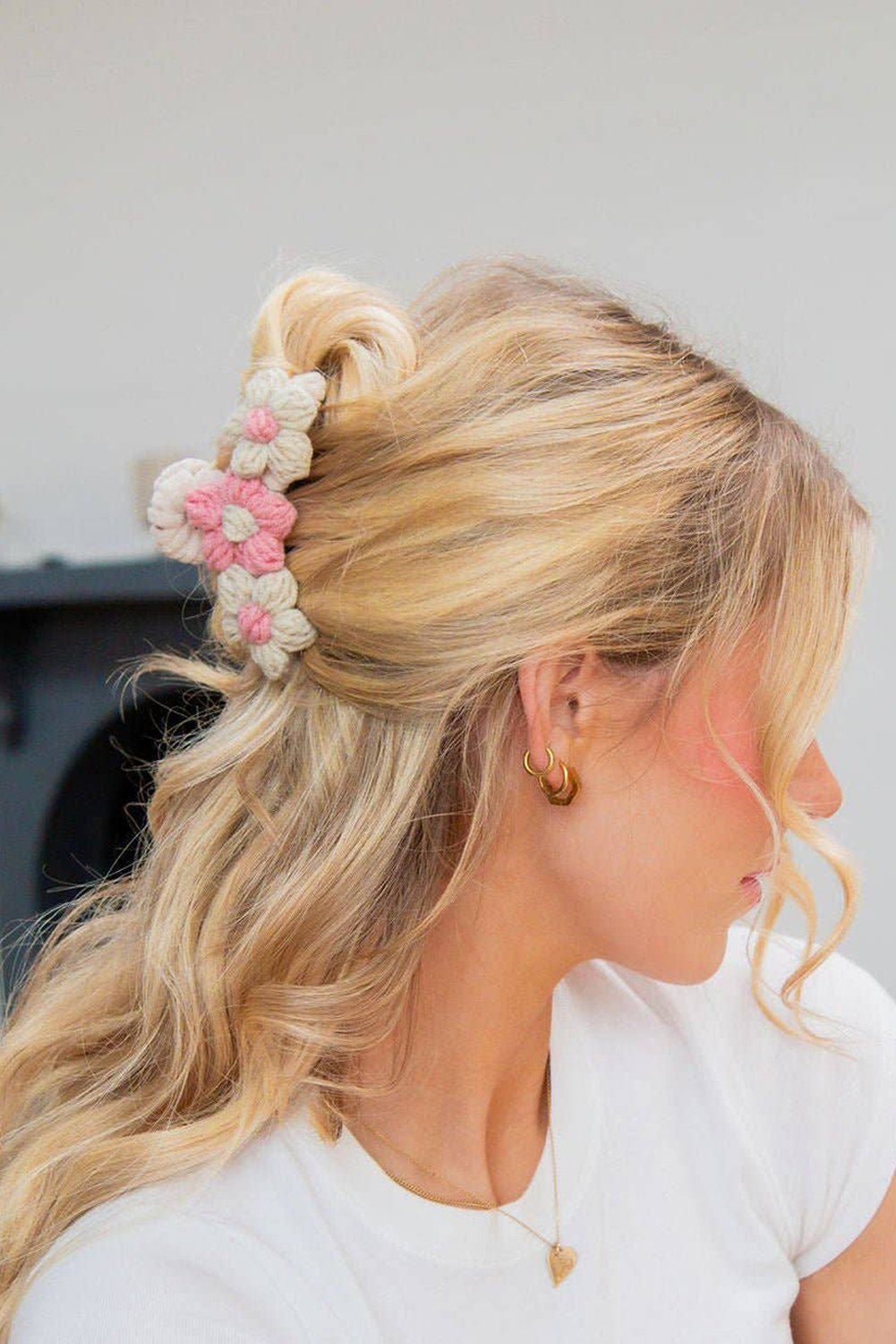 Pink Flower Crochet Cover Large Hair Claw Clip - loveforevers