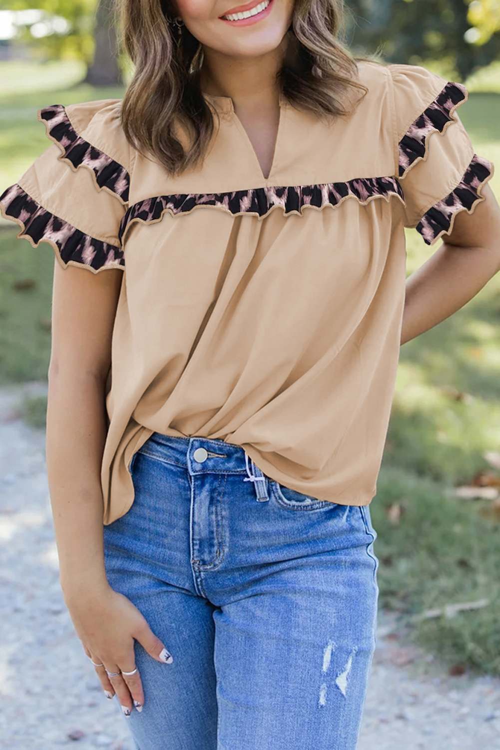 Smoke Gray Leopard Ruffles Trim Tiered Short Sleeve Blouse - loveforevers