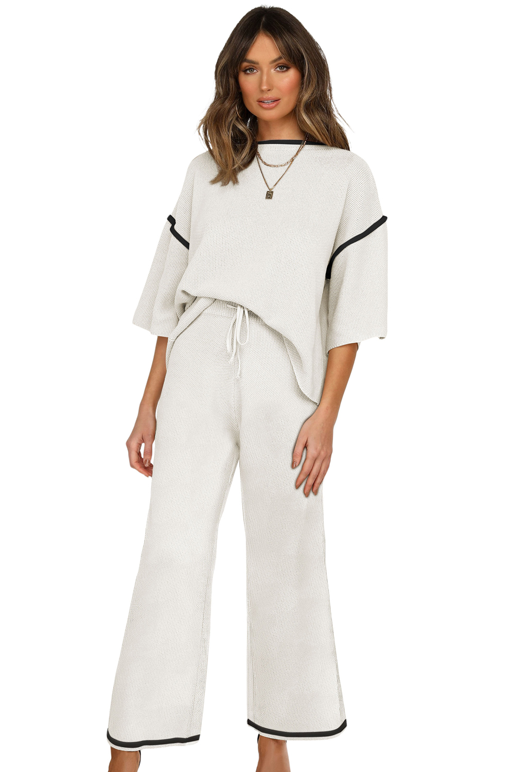 Blackish Green Contrast Trim Half Sleeve Top Drawstring Pants Loose 2pcs Sweater Suit - loveforevers