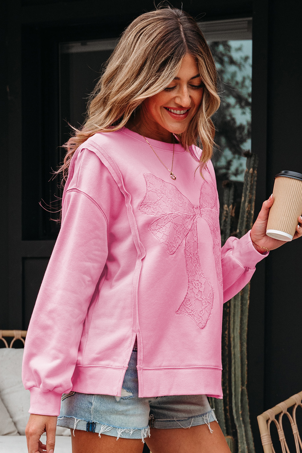 Bonbon Lace Insert Bow Embroidered Exposed Seam Sweatshirt - loveforevers
