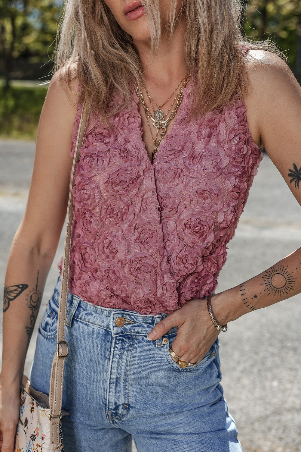 Heather Floral Textured V Neck Wrapped Sleeveless Bodysuit - loveforevers
