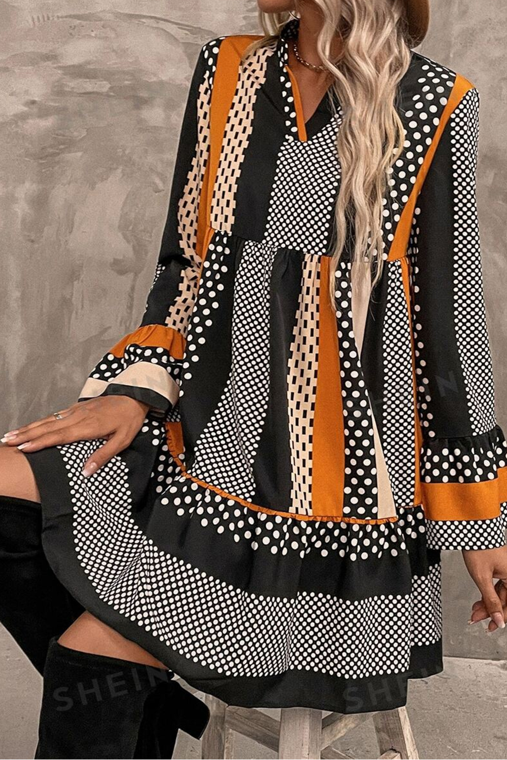 Black Striped Polka Dot Print Ruffled Hem V Neck Mini Dress - loveforevers