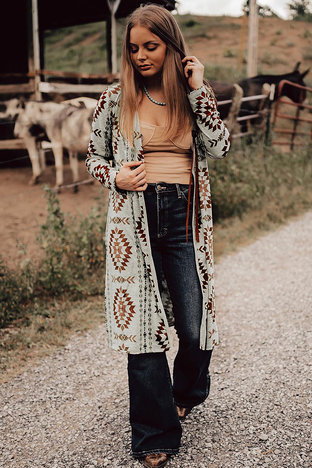 Brown Western Aztec Printed Open Front Long Cardigan - loveforevers