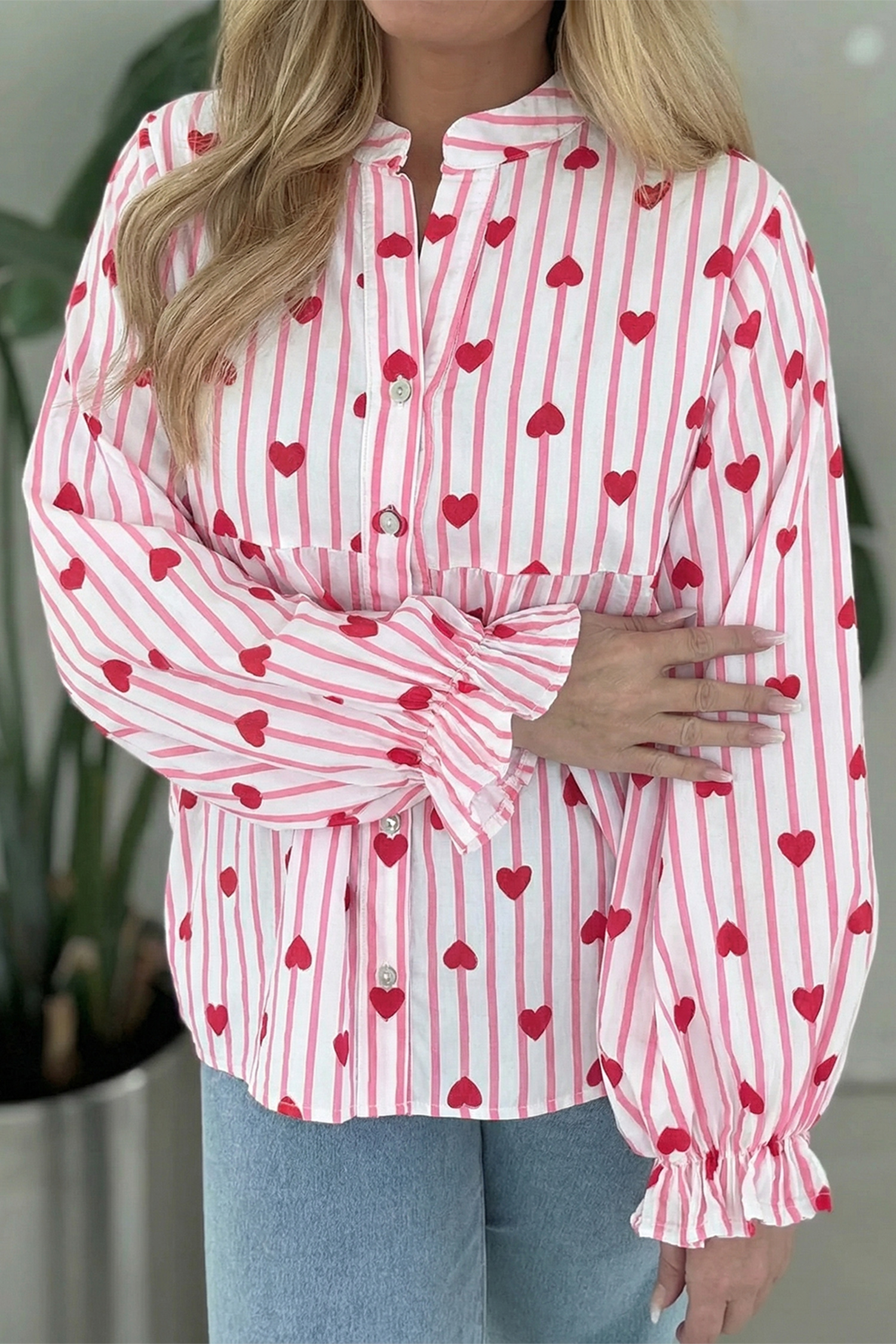 Pink Stripe Textured Heart Print Long Flounce Sleeve Shirt - loveforevers
