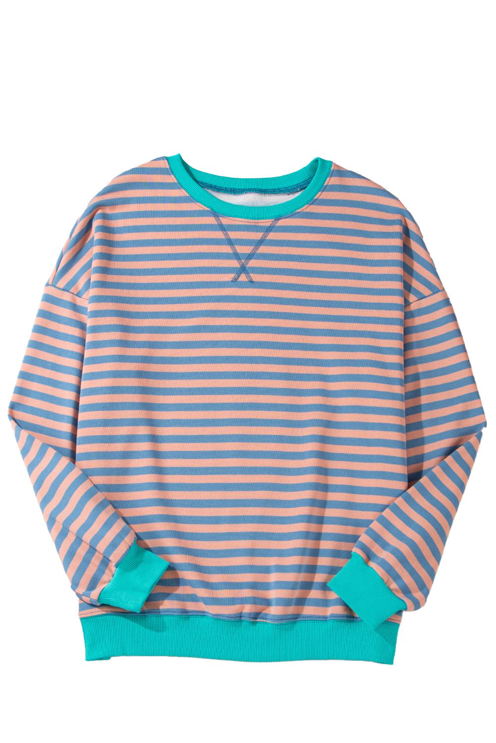 Red Stripe Contrast Ribbed Trim Crossed Stitch Drop Shoulder Sweatshirt - loveforevers