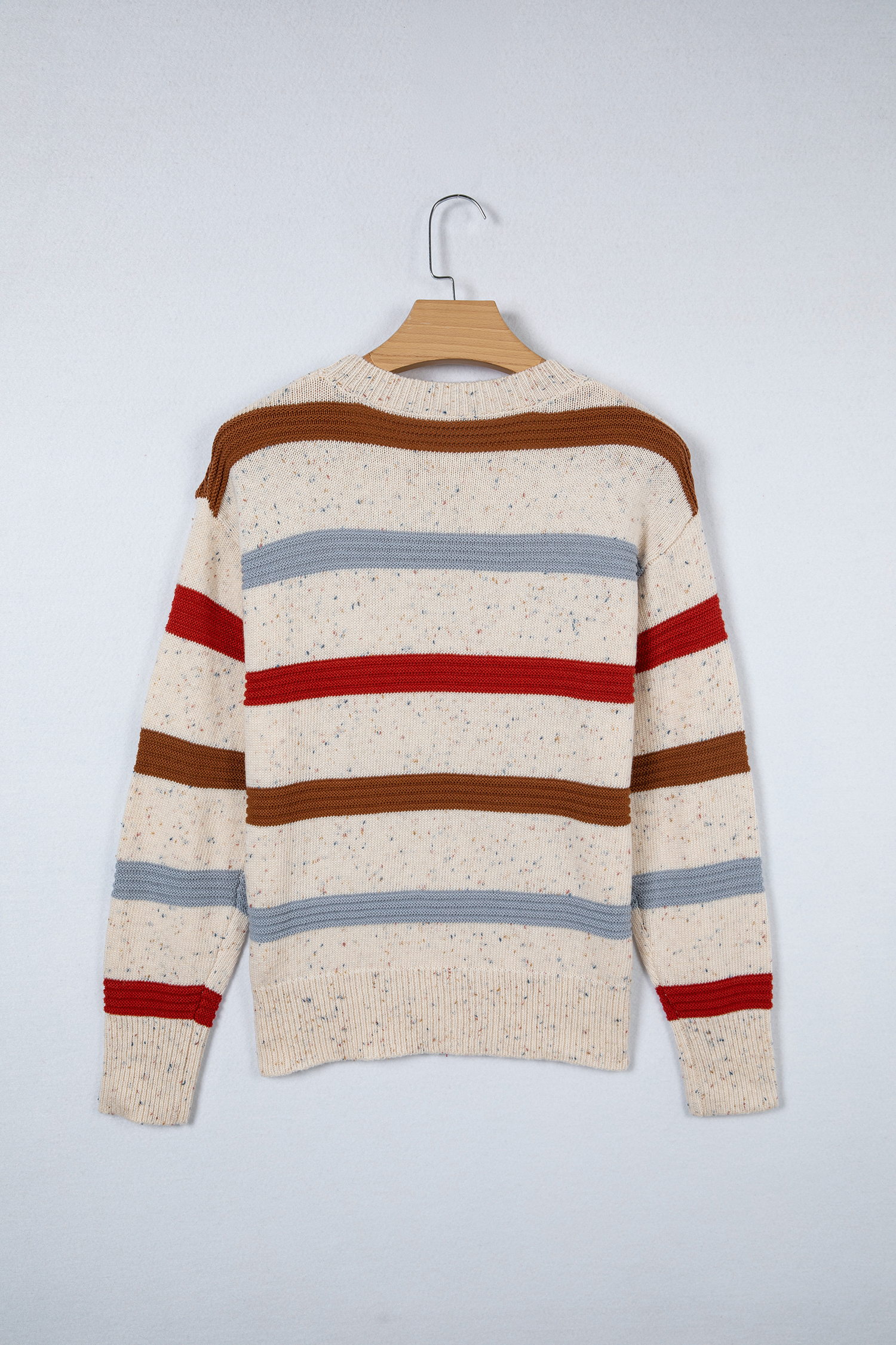 Beige Stripe Exposed Seam Drop Shoulder Heathered Knit Sweater - loveforevers