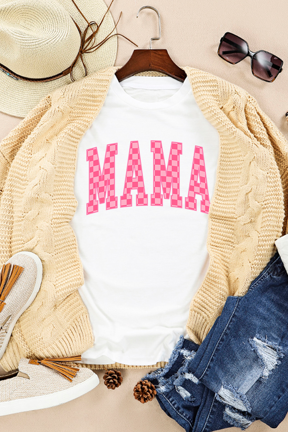 White Checkered MAMA Letter Graphic T Shirt - loveforevers