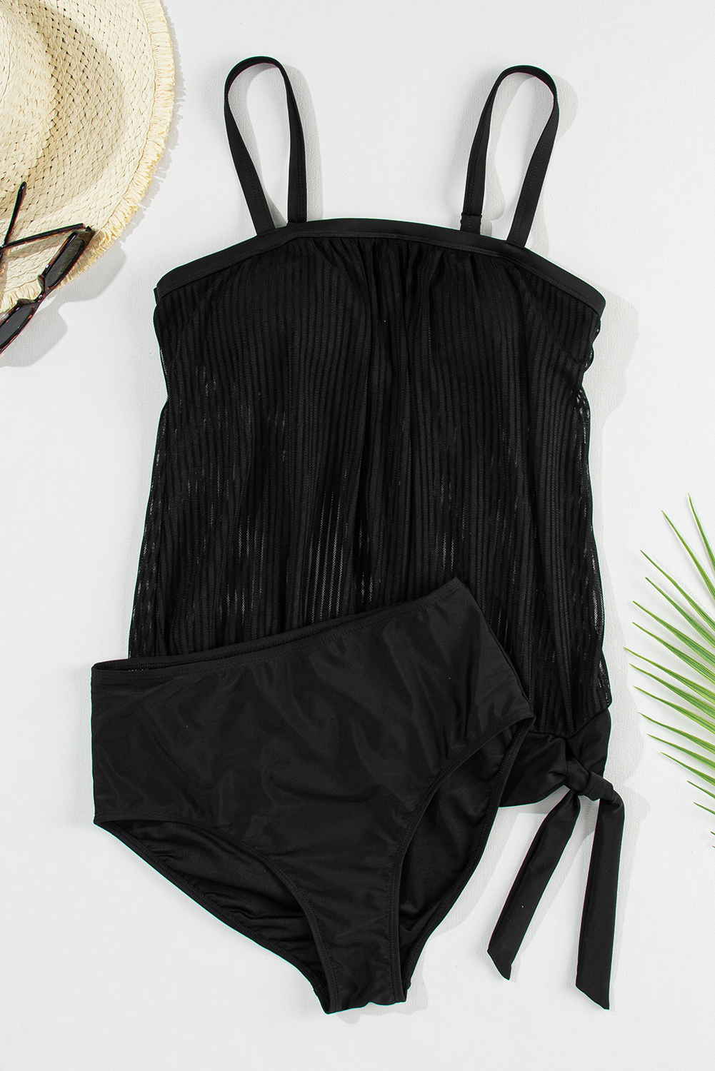 Turquoise Striped Mesh Knotted Hem Tankini Swimsuit - loveforevers