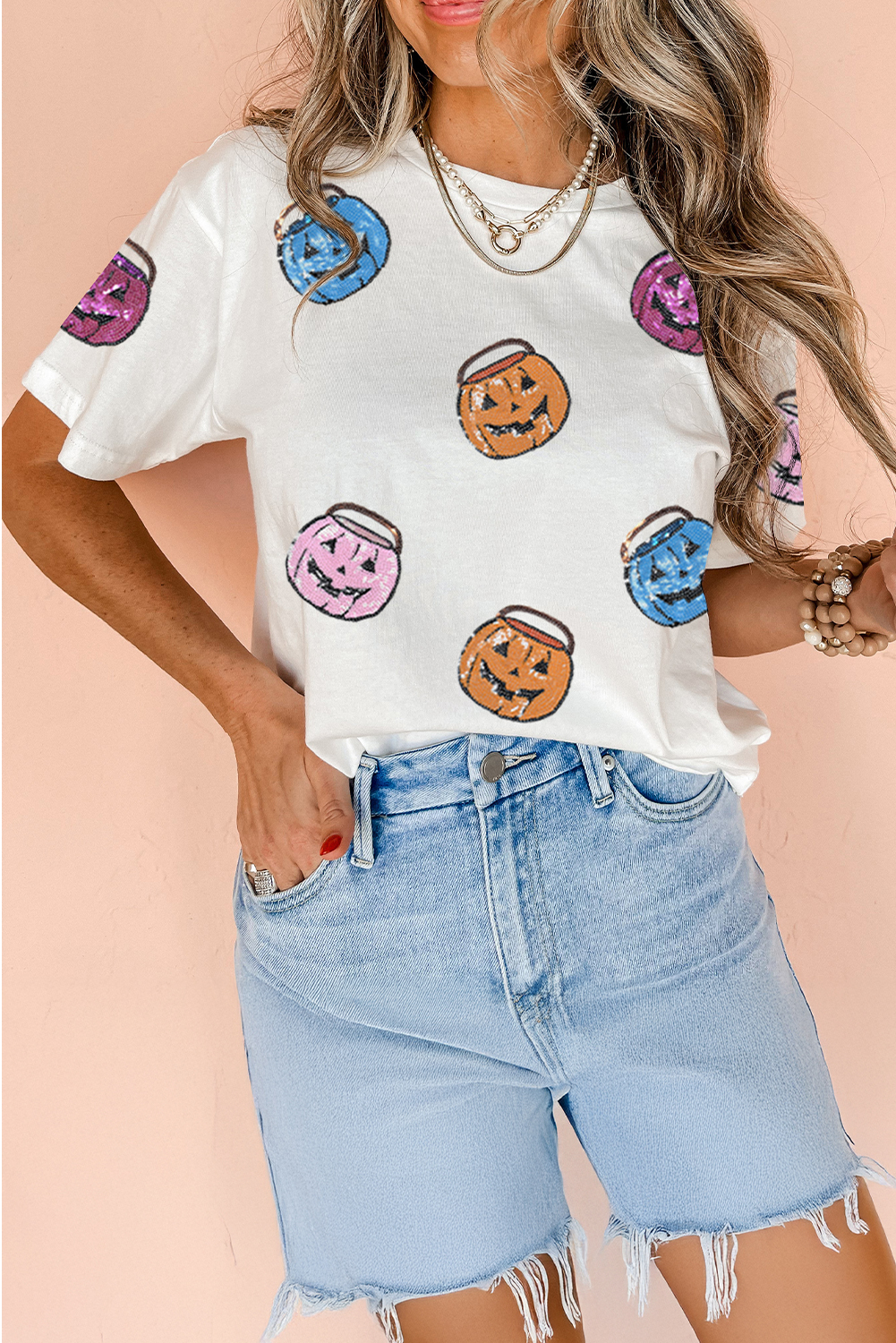White Sequin Pumpkin Face Patched Crew Neck Holiday T Shirt - loveforevers