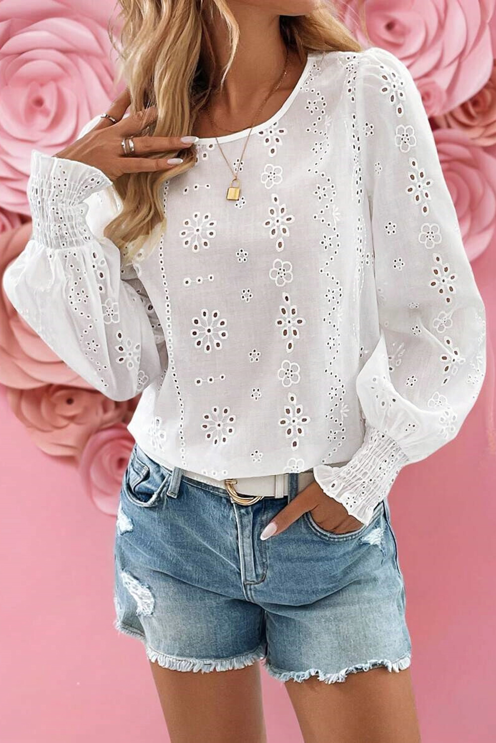 White Eyelet Embroidered Smocked Cuff Sheer Blouse - loveforevers