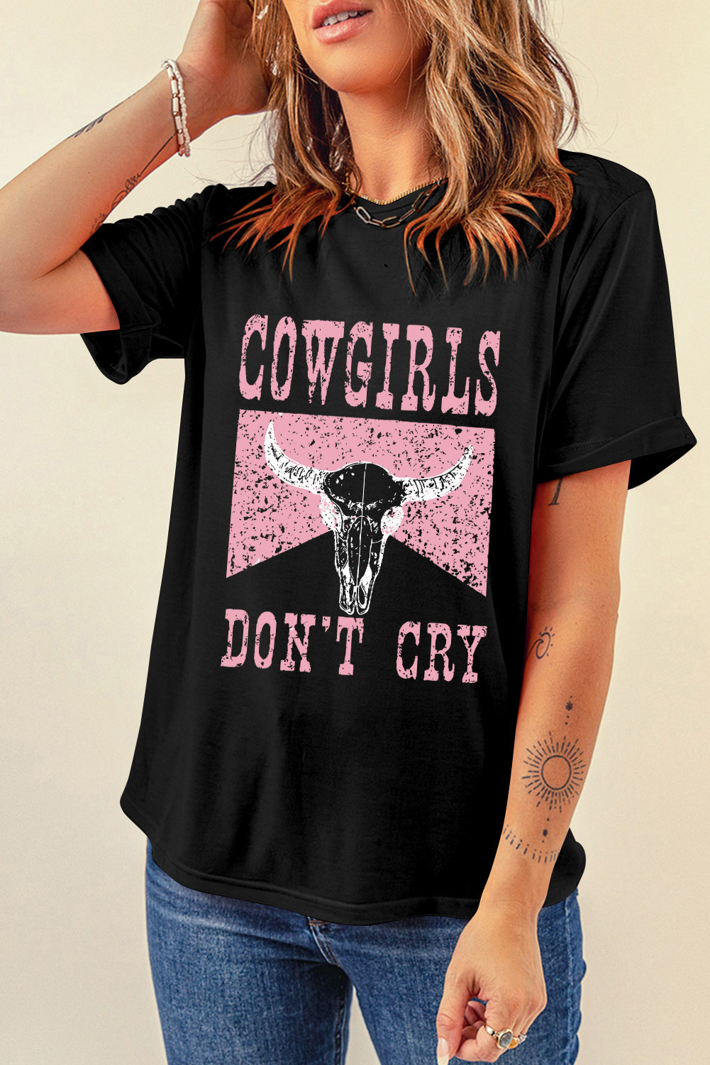 Black COWGIRL DONT CRY Steer Head Print Short Sleeve Top - loveforevers