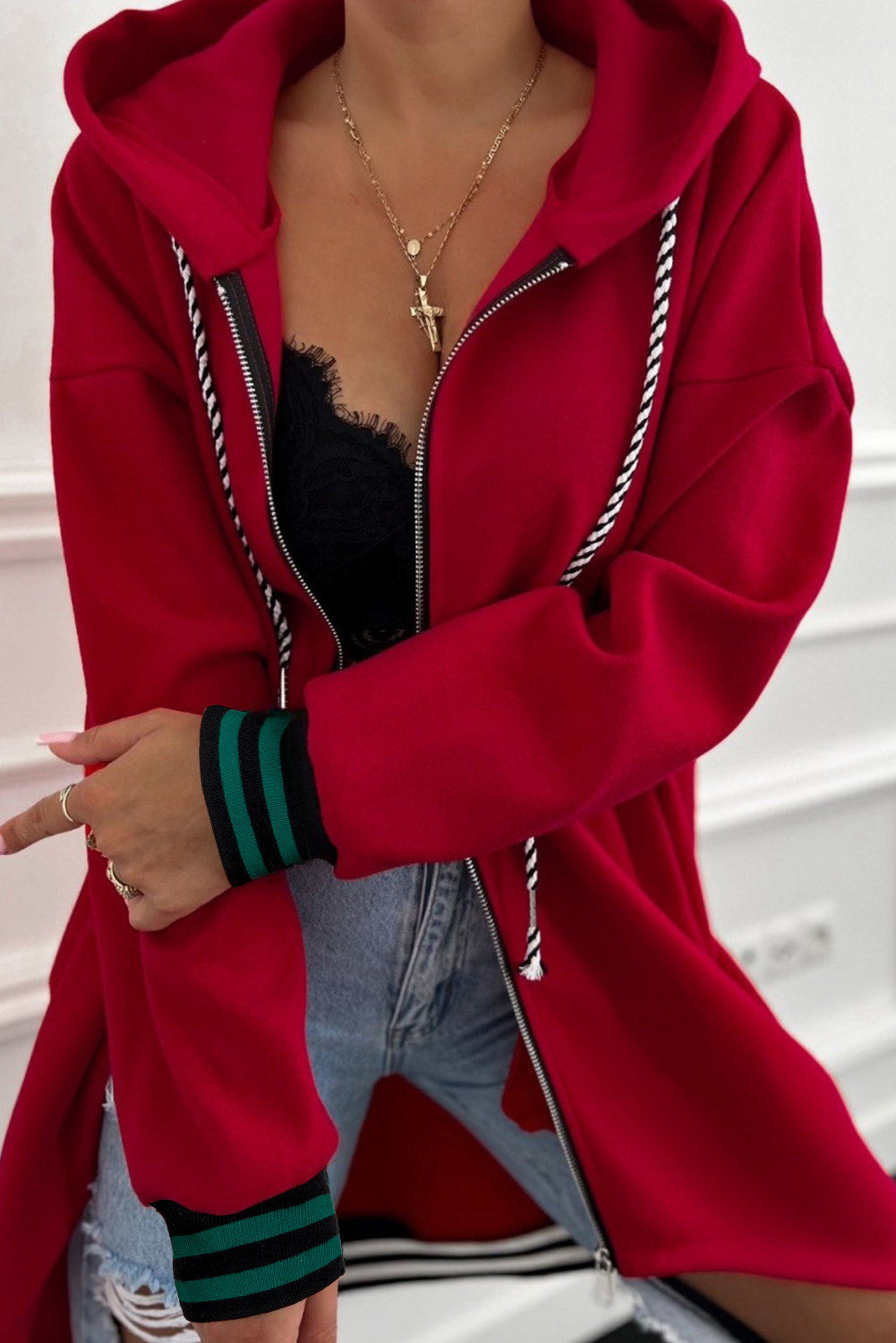 Racing Red Contrast Cuffed Drop Shoulder Zip up Tunic Hoodie - loveforevers