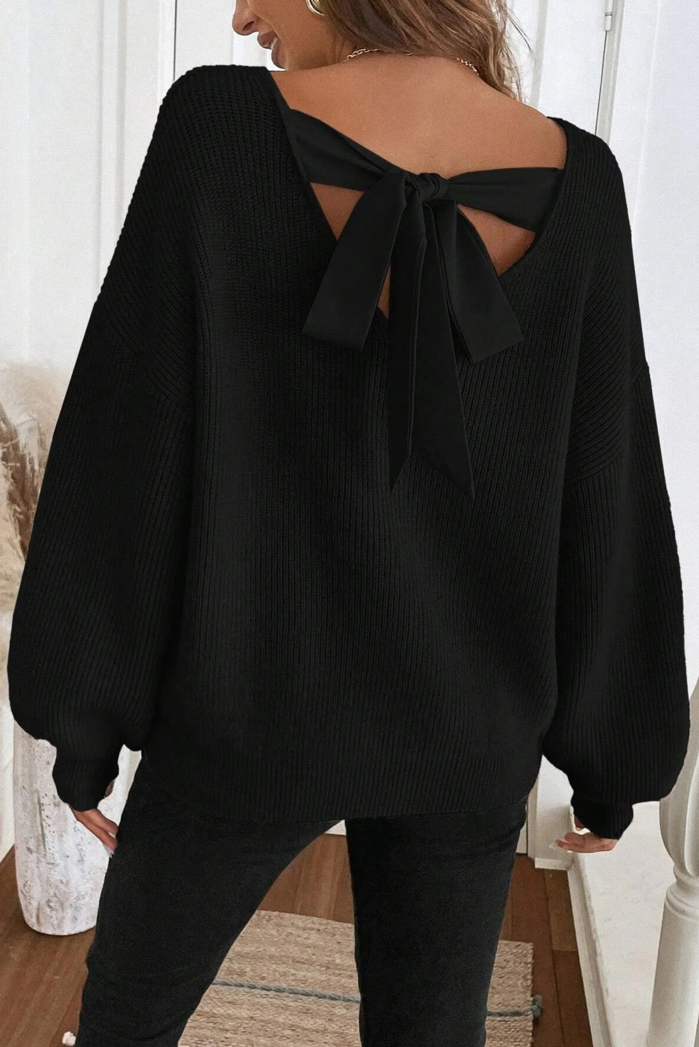 Black Ribbed Knit Ribbon Knot Backless Drop Shoulder Sweater - loveforevers