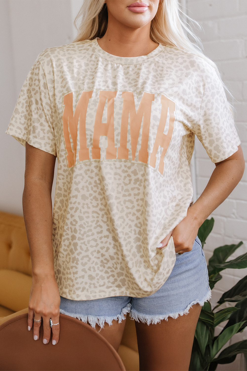 Yellow MAMA Letter Graphic Leopard Loose Tee - loveforevers