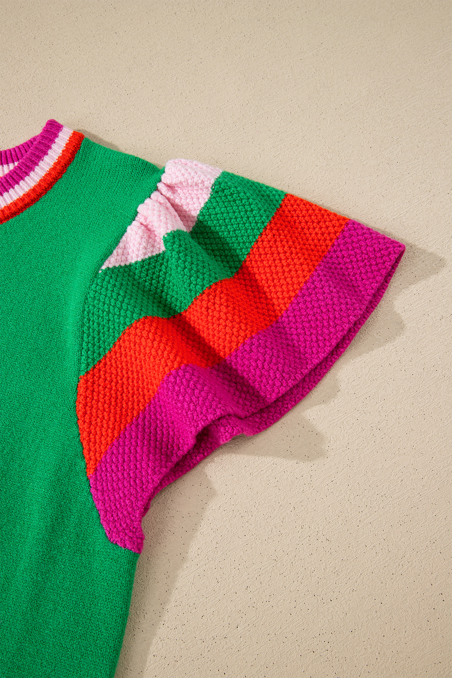 Bright Green Shiny Lucky Striped Flutter Sleeve Round Neck Sweater - loveforevers