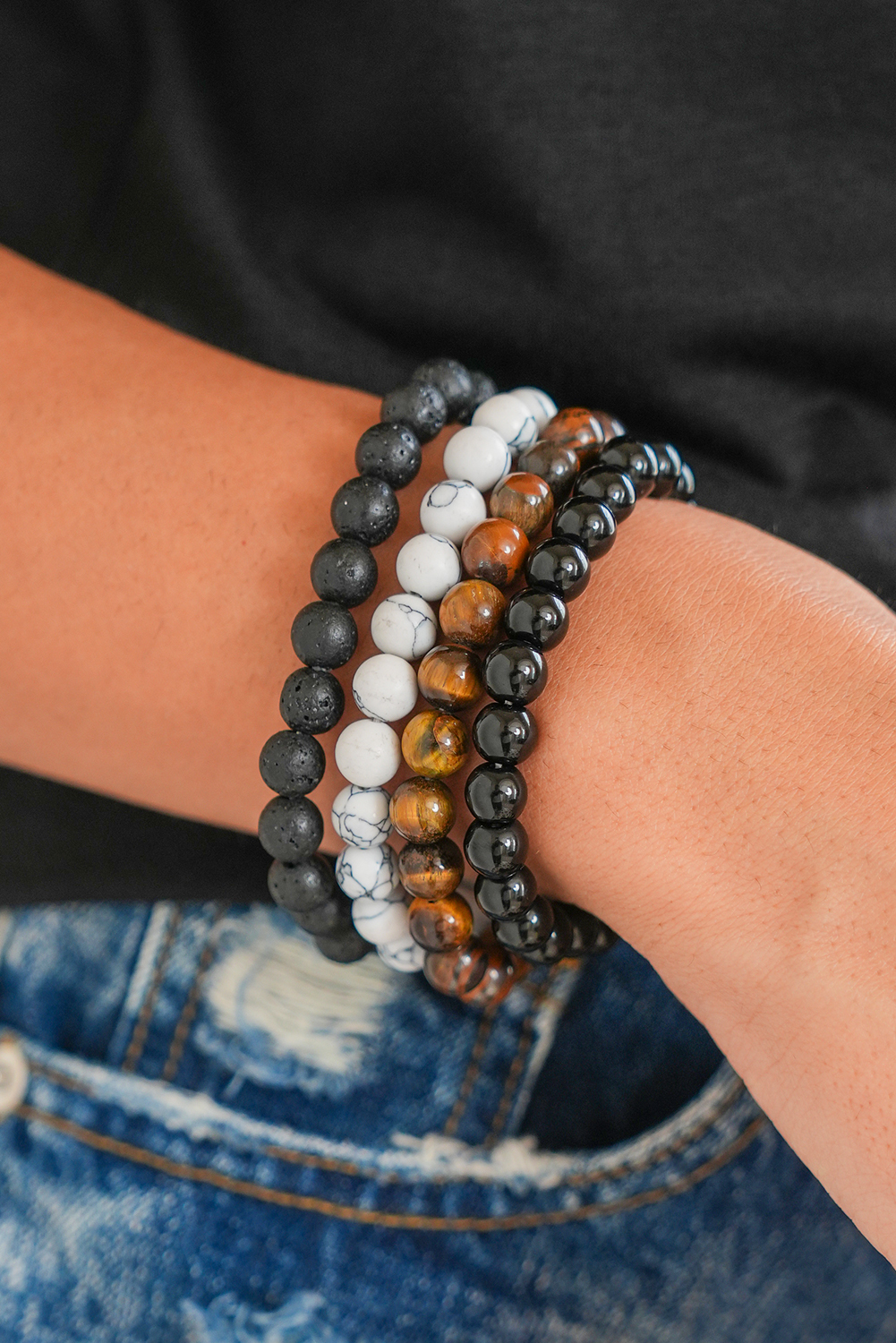Black Retro Beaded Crystal 4pcs Bracelet Set - loveforevers