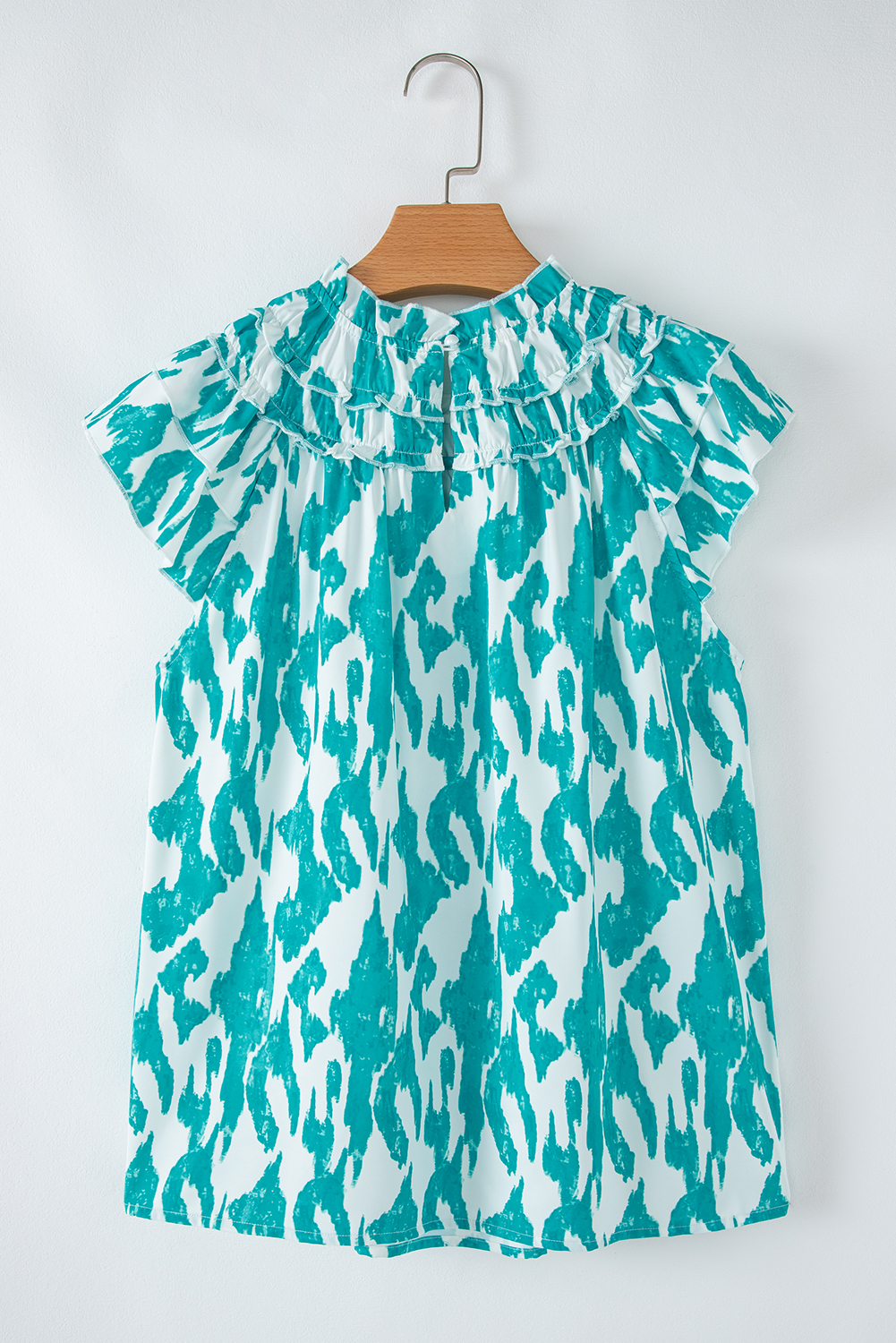 Sky Blue Abstract Print Frilled Crewneck Loose Fit Blouse - loveforevers