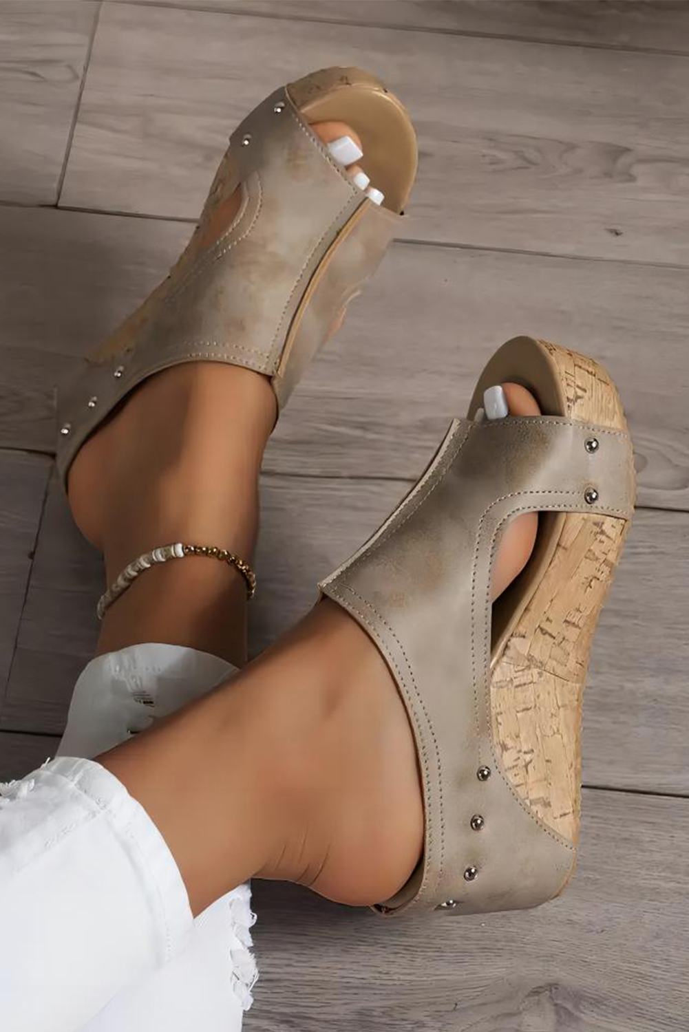 Chestnut Hollow Out Studded PU Leather Wedge Slippers - loveforevers