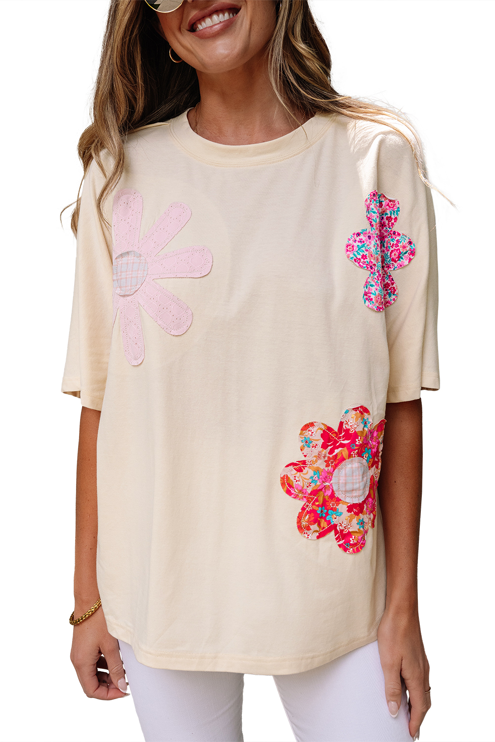 Apricot Flower Patched Exposed Stitching Trim Crew Neck Loose Tee - loveforevers