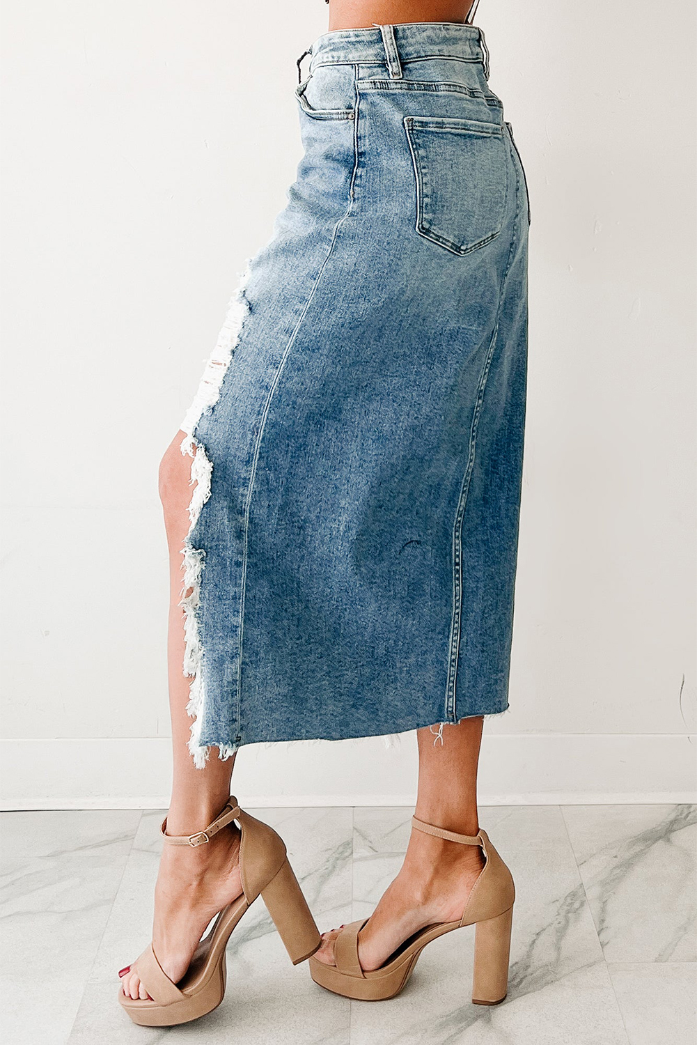 Sail Blue Dearlove Irregular Distressed Bottom Denim Midi Skirt - loveforevers