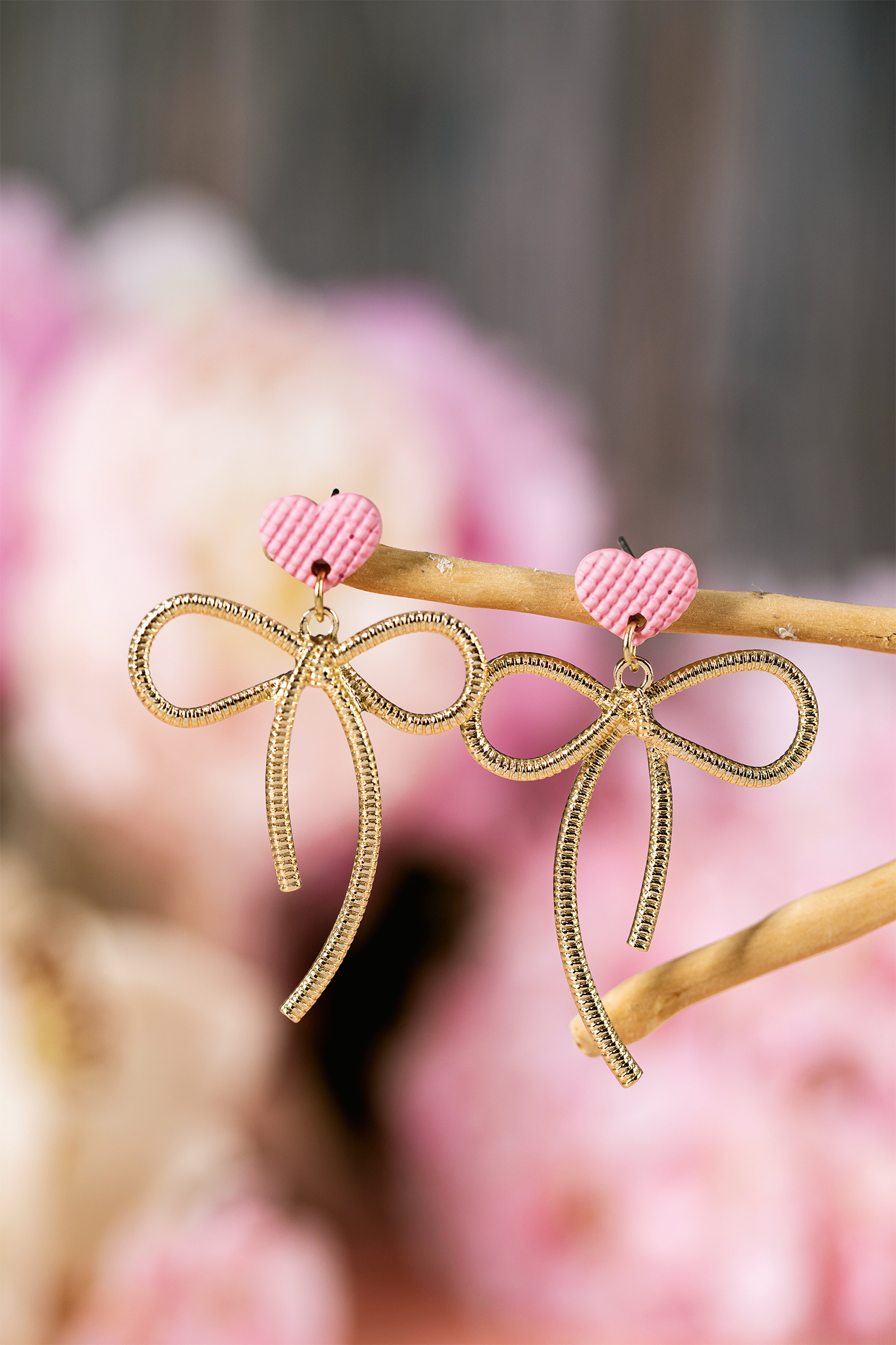Pink Waffled Heart Stud Gold Plated Bow Dangle Earrings - loveforevers