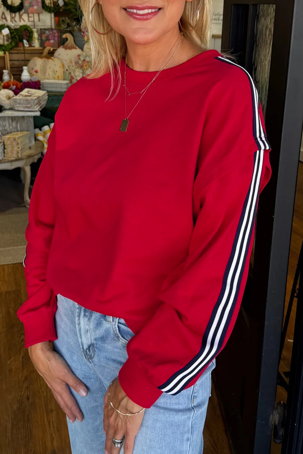 Fiery Red Contrast Striped Detail Varsity Sweatshirt - loveforevers