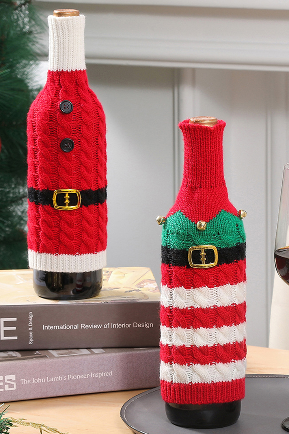 Racing Red Christmas Stripes Knitted Jingle Bell Wine Bottle Sleeve - loveforevers