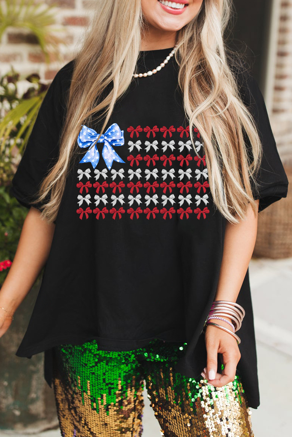 Black American Flag Inspired Bow Graphic Drop Shoulder T Shirt - loveforevers