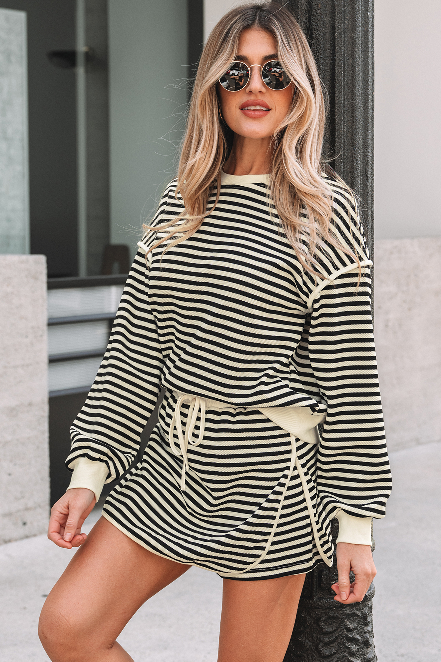 Black Stripe Textured Drop Shoulder Pullover Top Drawstring Mini Skort Two Piece Dress Set - loveforevers
