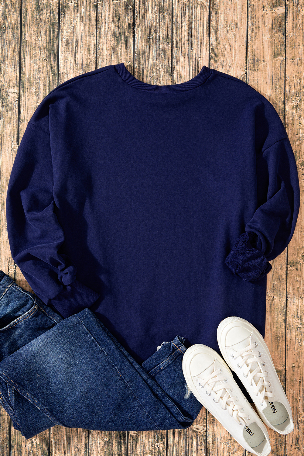 Navy Blue Solid O Neck High Low Hem Pullover Sweatshirt - loveforevers