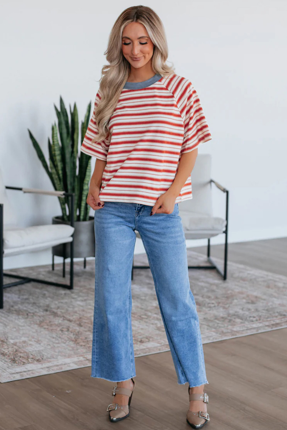 Tomato Red Stripe Print Contrast Collar Raglan Sleeve T Shirt - loveforevers