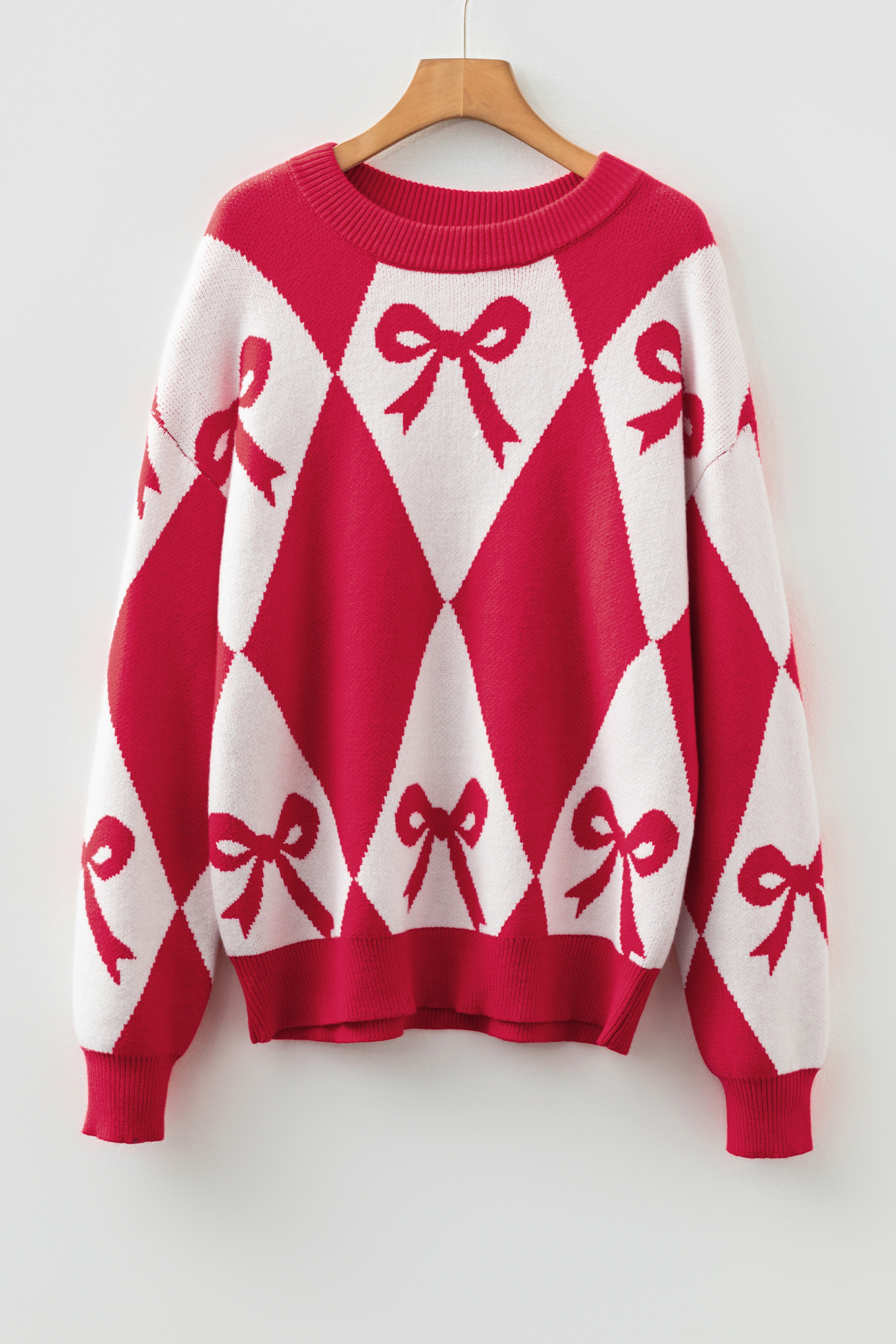 Black Bow Print 2-tone Rhombus Knit Loose Sweater - loveforevers