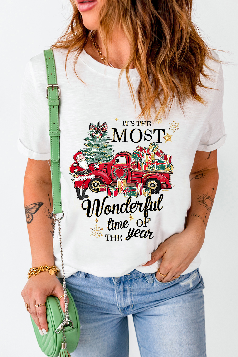 White Christmas Pattern Slogan Print Crew Neck T Shirt - loveforevers