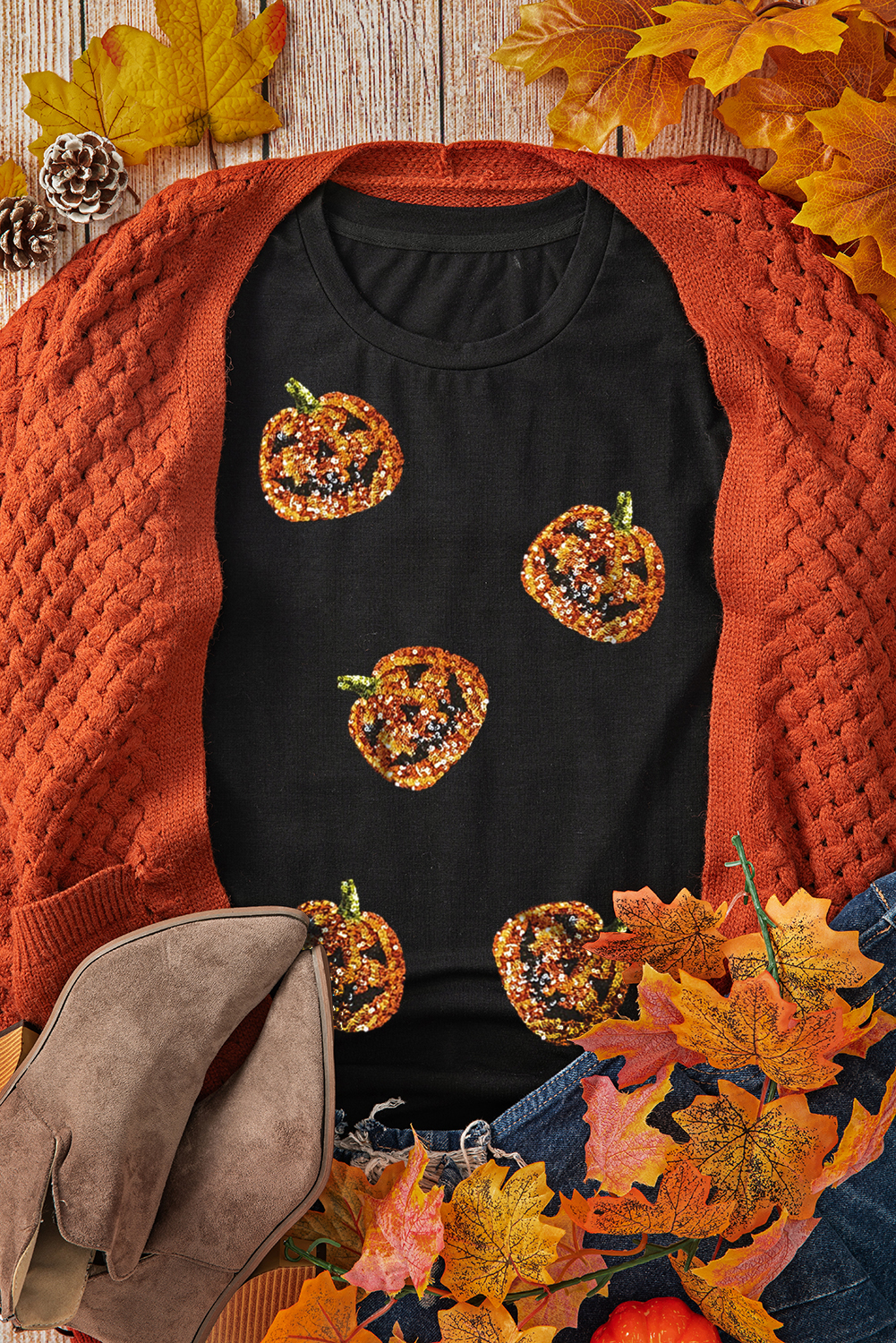 Black Sequin Pumpkin Face Halloween T Shirt - loveforevers