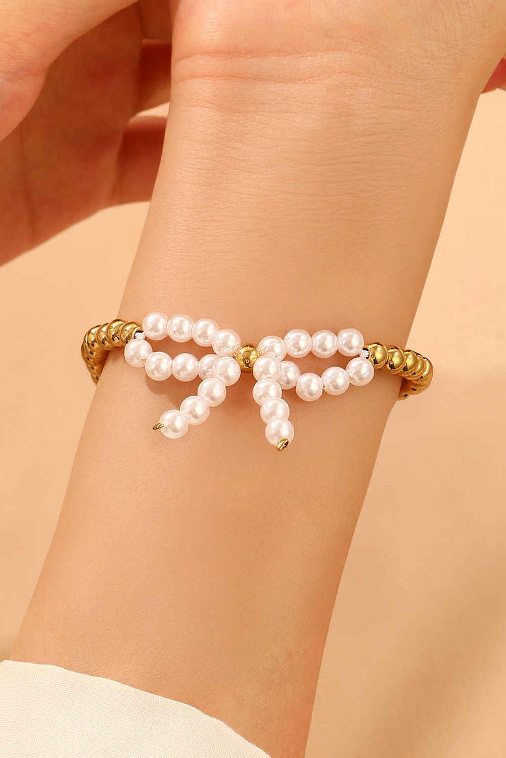 White Pearled Bow Knot Plated Beads Adjustable Bracelet - loveforevers