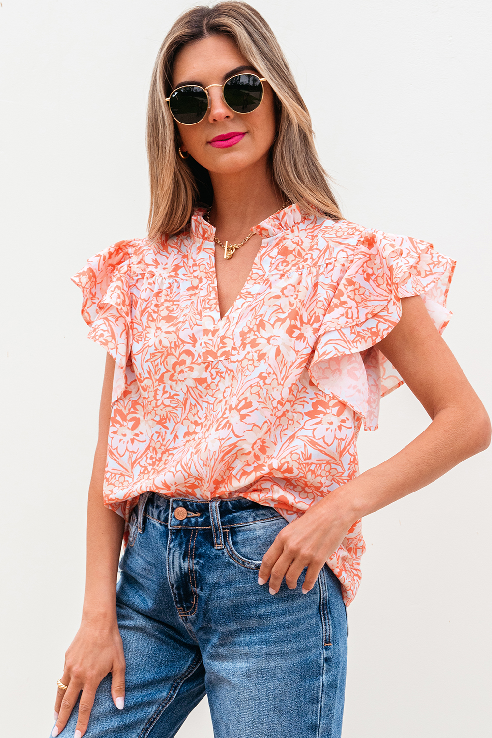 Orange Floral Ruffle Sleeve Split Neck Blouse - loveforevers