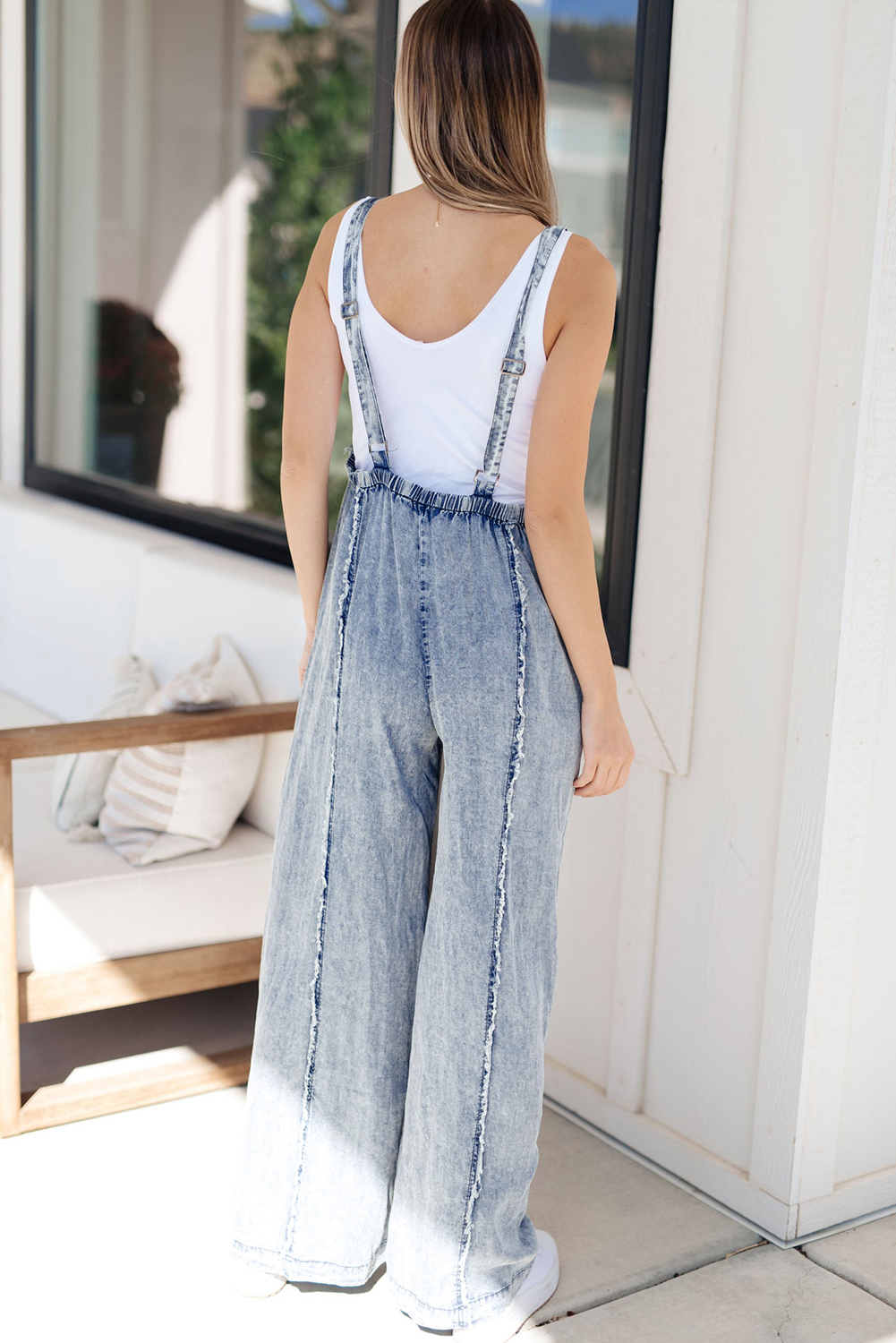 Beau Blue Light Wash Frayed Exposed Seam Wide Leg Denim Overall - loveforevers