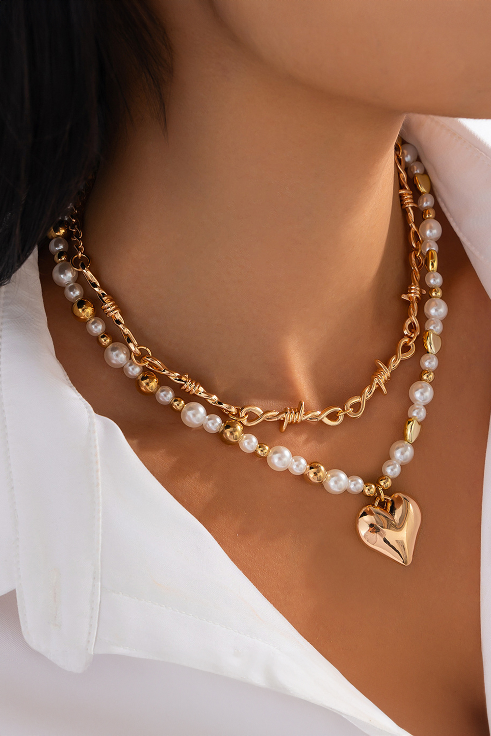 Gold 2pcs Alloy Plated Heart Pendant Pearl Necklace Set - loveforevers