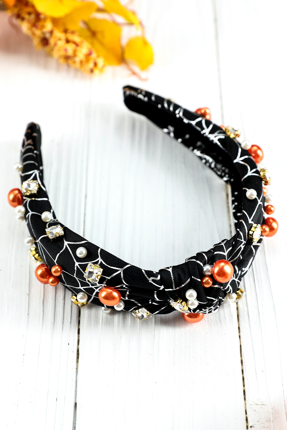 Black Pearled Rhinestone Knotted Spiderweb Halloween Headband - loveforevers