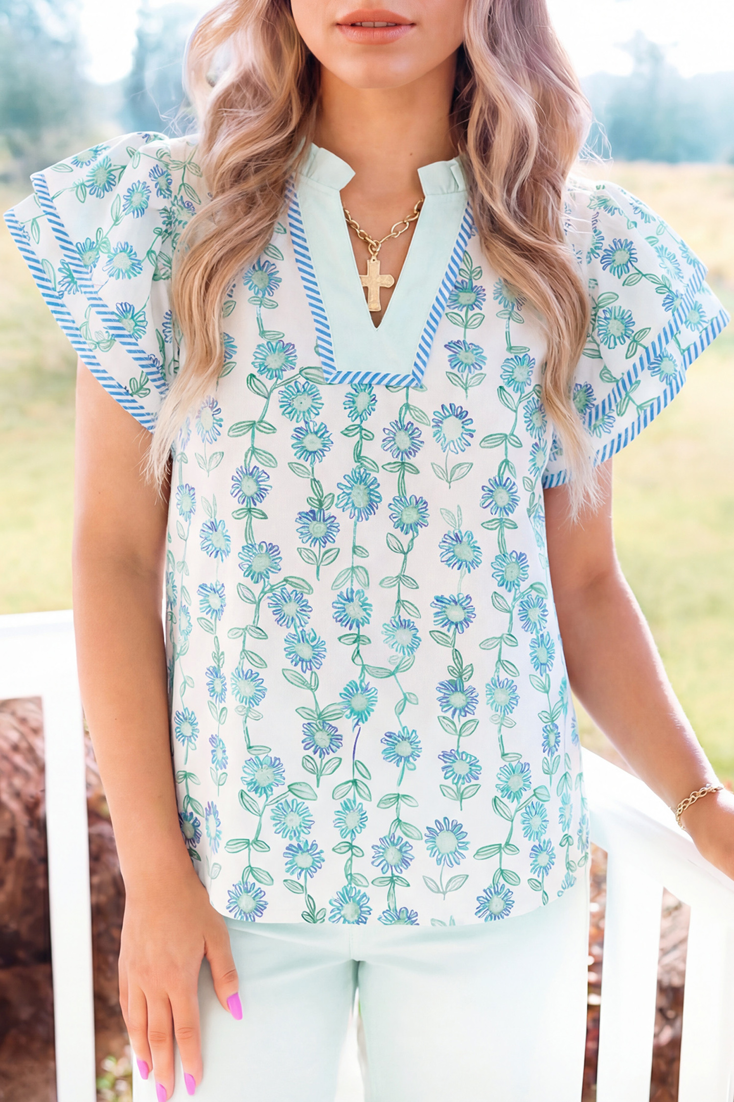 Green Floral Print Striped Detail Contrast V Neck Patchwork Flutter Sleeve Blouse - loveforevers